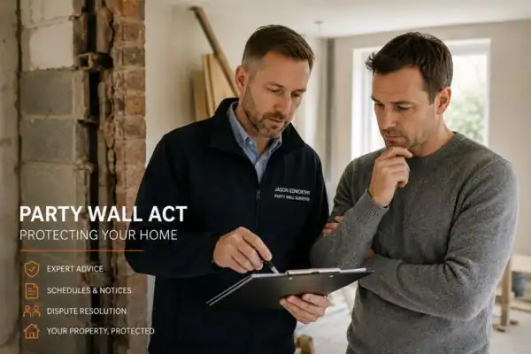 Party wall surveyor Gloucestershire discussing extension plans with homeowner outside a UK semi-detached house.